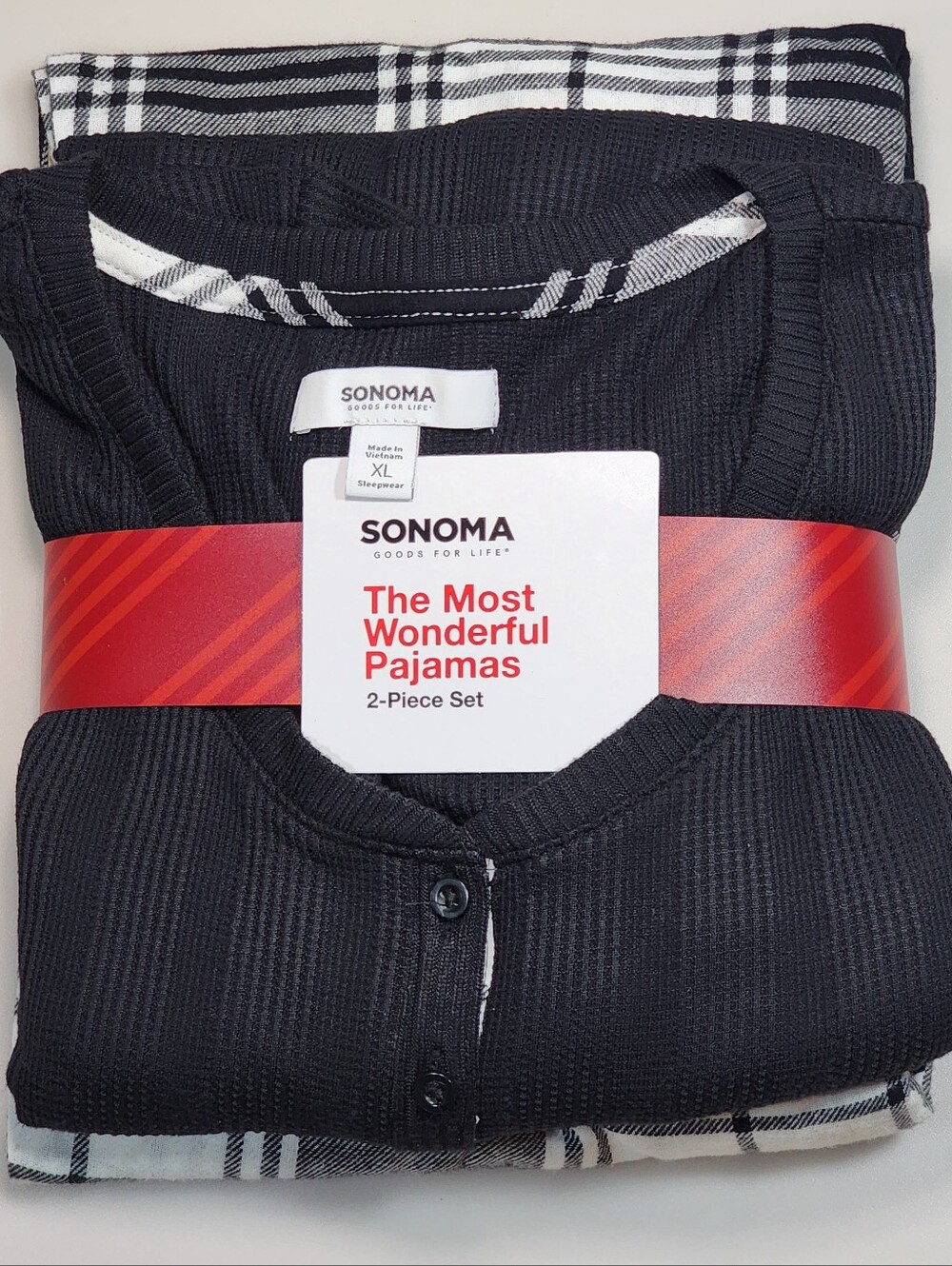 Sonoma Women 2 Piece Pajamas Set Black Top / Black Plaid Pants ~ XL